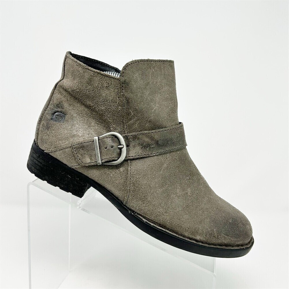 Born Womens Ankle Booties Gray Taupe Buckle Strap Side Zip Low Heel Size 10